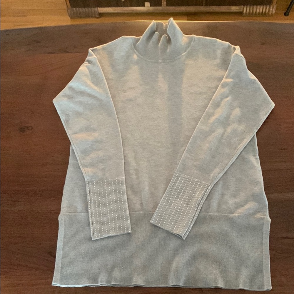 Orly, Gray lightweight knit with mock neckline and rhinestone cuffs, Sz M